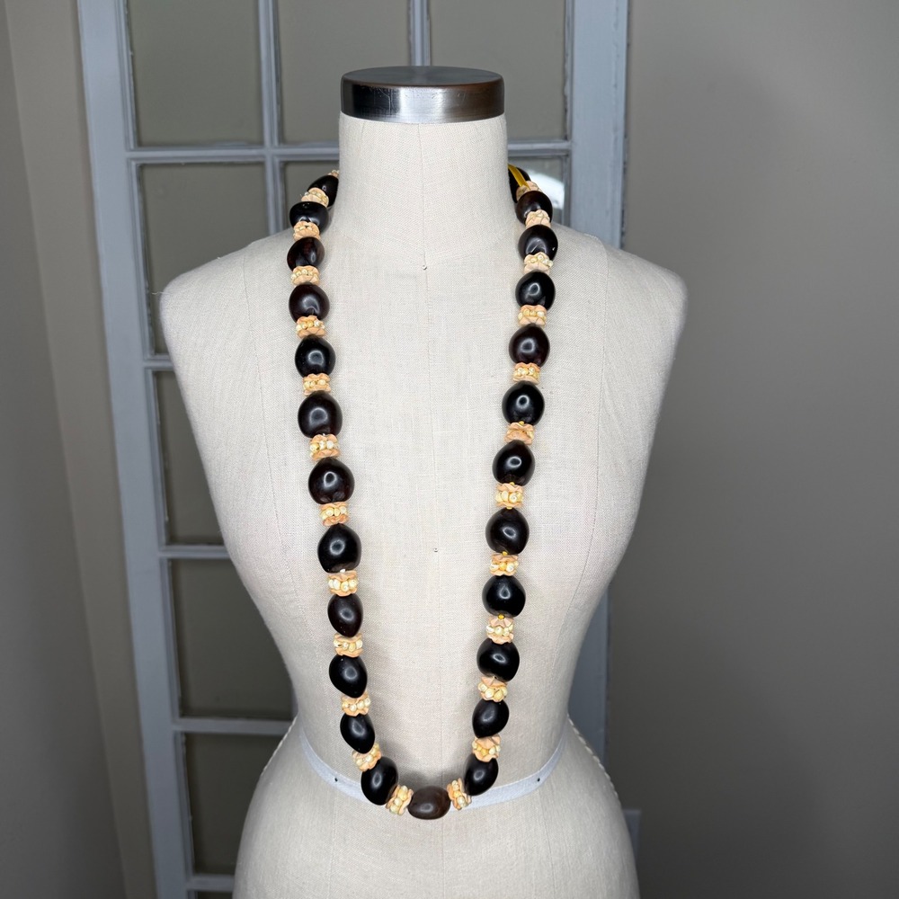 Hawaiian Kukui Nut Necklace Brown Mongo Shell Ribbon‎ Tie Women's Tropical